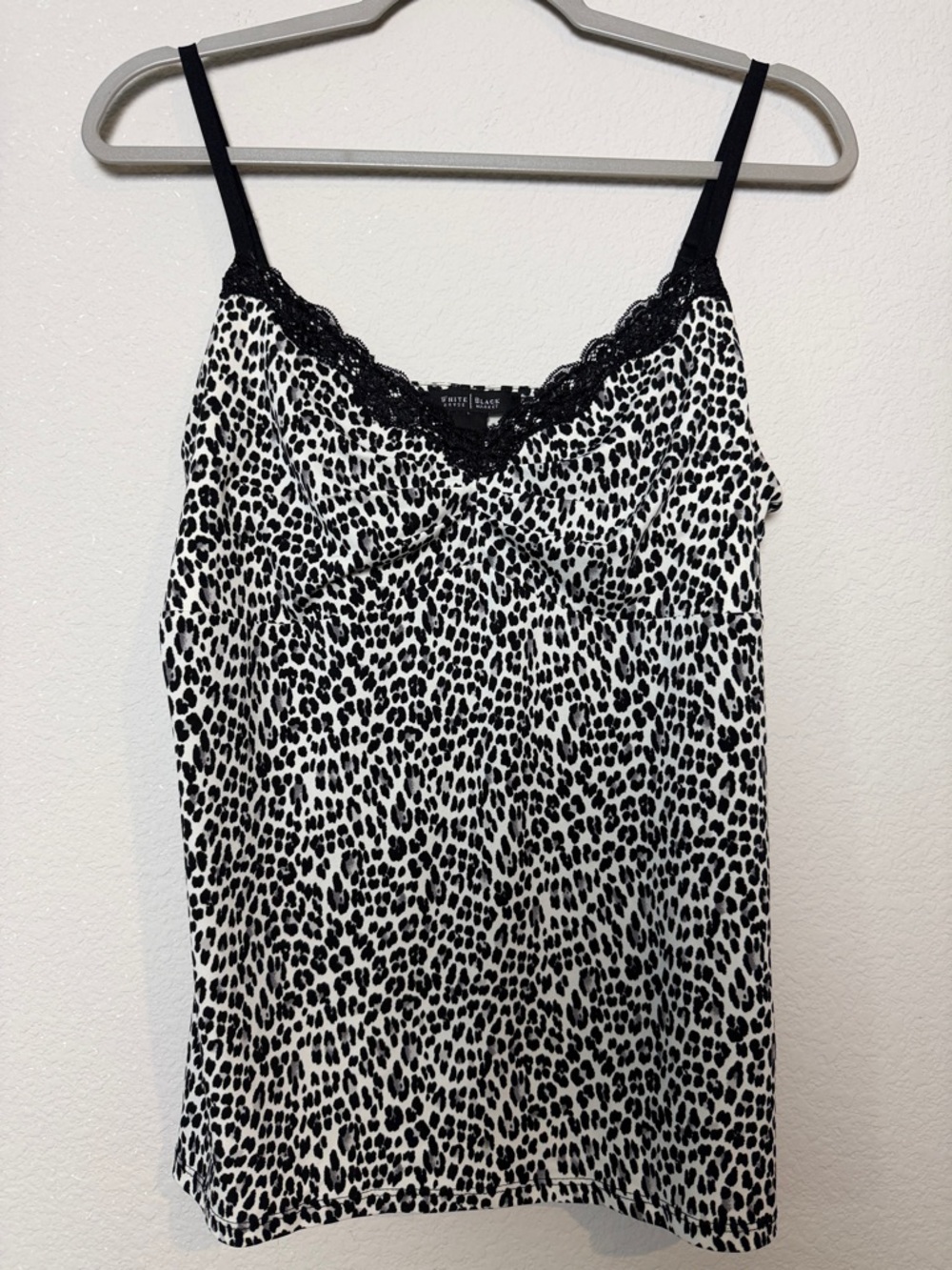 White House Black Market Black & White Leopard-Print Lace Trim Cami